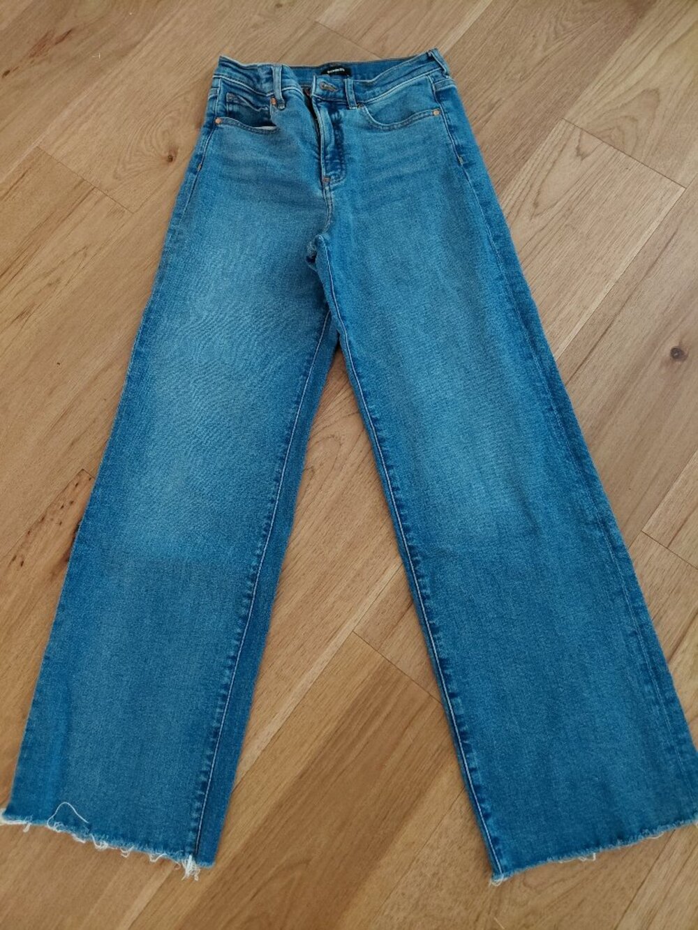 Express Women's Blue Wide Leg Jeans - Frayed Hem
